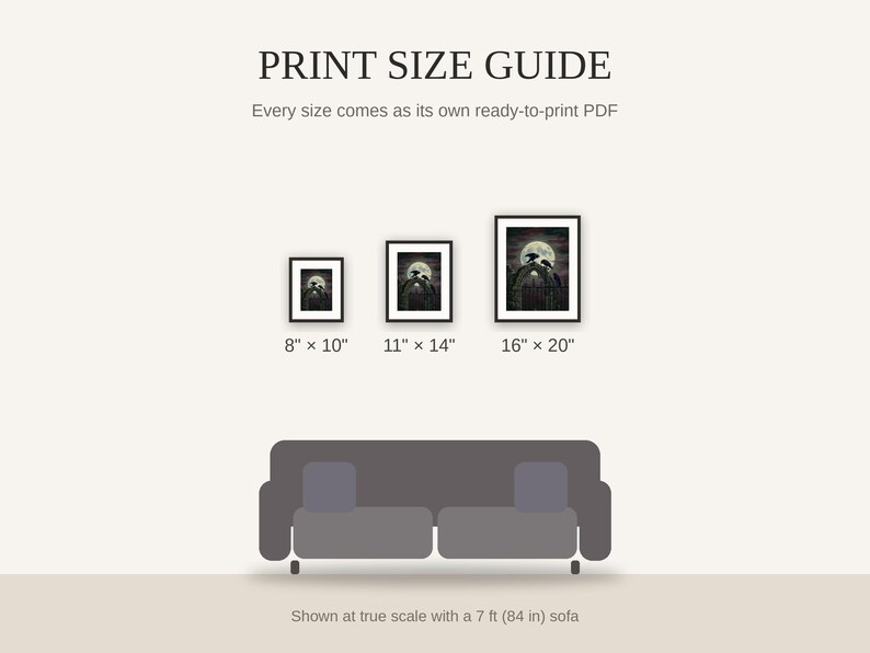 Print size guide showing 8x10, 11x14, and 16x20 framed prints at true scale beside a sofa