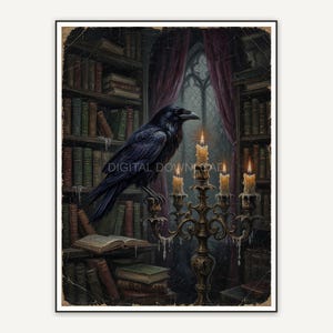 Dark library scene with raven and candelabra in vintage oil style