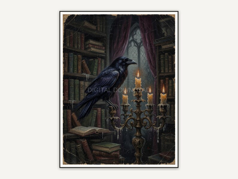 Dark library scene with raven and candelabra in vintage oil style