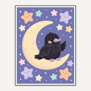 Raven on crescent moon with pastel stars illustration