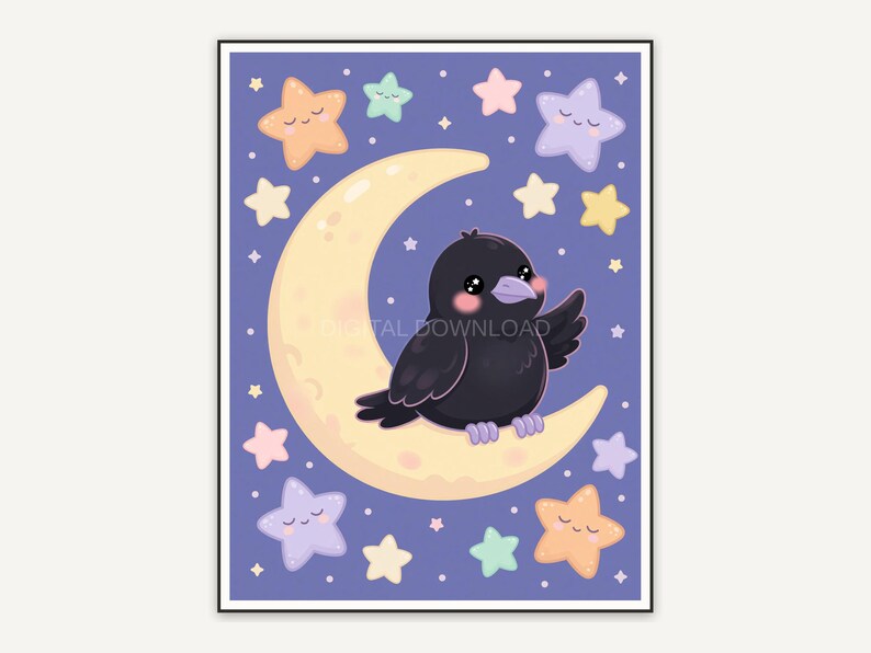 Raven on crescent moon with pastel stars illustration