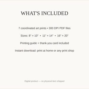 What's included: 7 art prints as 300 DPI PDFs in three sizes plus printing guide and thank-you card
