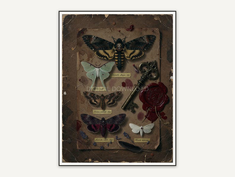 Pinned moths with key and wax seal, antique gothic artwork