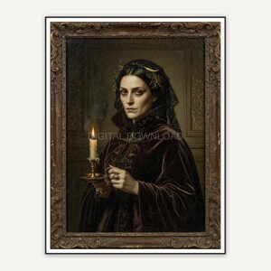 Gothic portrait of a witch holding a candle in dark academia style