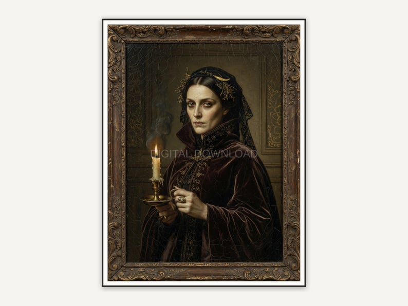 Gothic portrait of a witch holding a candle in dark academia style