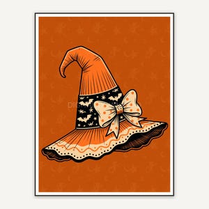 Retro mid-century witch hat print in orange and black