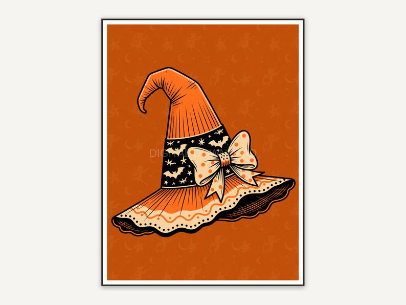 Retro mid-century witch hat print in orange and black