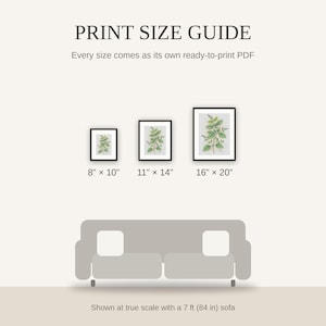 Print size guide showing 8x10, 11x14, and 16x20 framed prints at true scale beside a sofa
