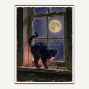 Vintage oil painting of black cat on windowsill under full moon