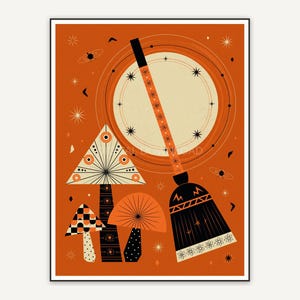 Broom and moon with geometric mushrooms
