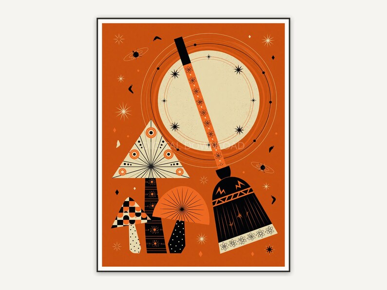 Broom and moon with geometric mushrooms