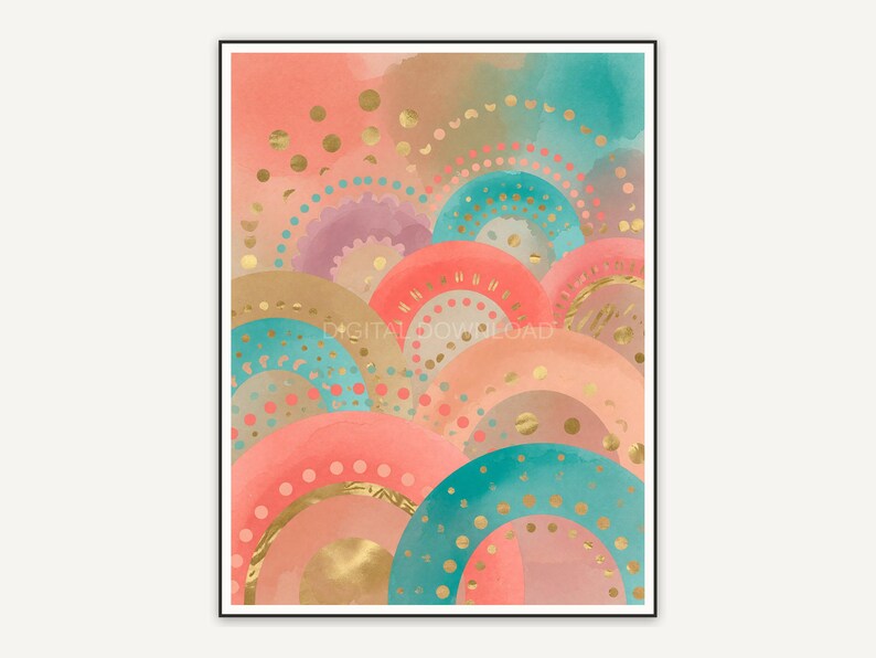Second boho rainbow half circle print in coral teal and gold