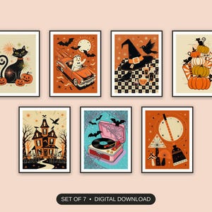 Set of 7 halloween decor and spooky season wall art printable prints shown as a gallery wall