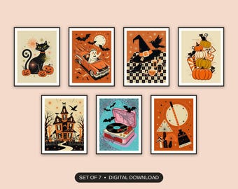 Mid Century Halloween, Set Of 7, Retro Halloween Prints, Kitchen Gallery Wall, Atomic Diner Decor, Digital Download