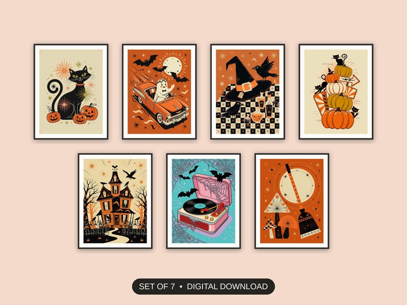 Set of 7 halloween decor and spooky season wall art printable prints shown as a gallery wall