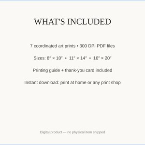 What's included: 7 art prints as 300 DPI PDFs in three sizes plus printing guide and thank-you card
