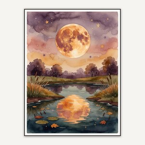 Full harvest moon reflected in quiet pond