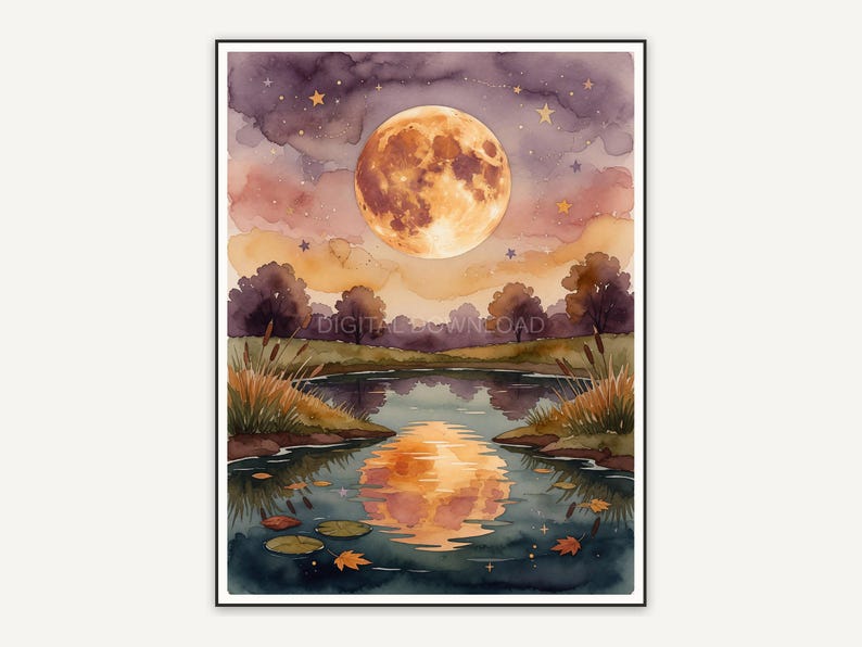 Full harvest moon reflected in quiet pond