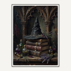 Witch hat on book stack with potion bottles