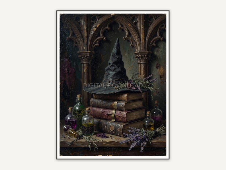 Witch hat on book stack with potion bottles