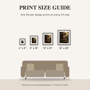 Print size guide showing 4x5, 8x10, 12x15 and 16x20 inch Halloween prints at true scale beside a sofa