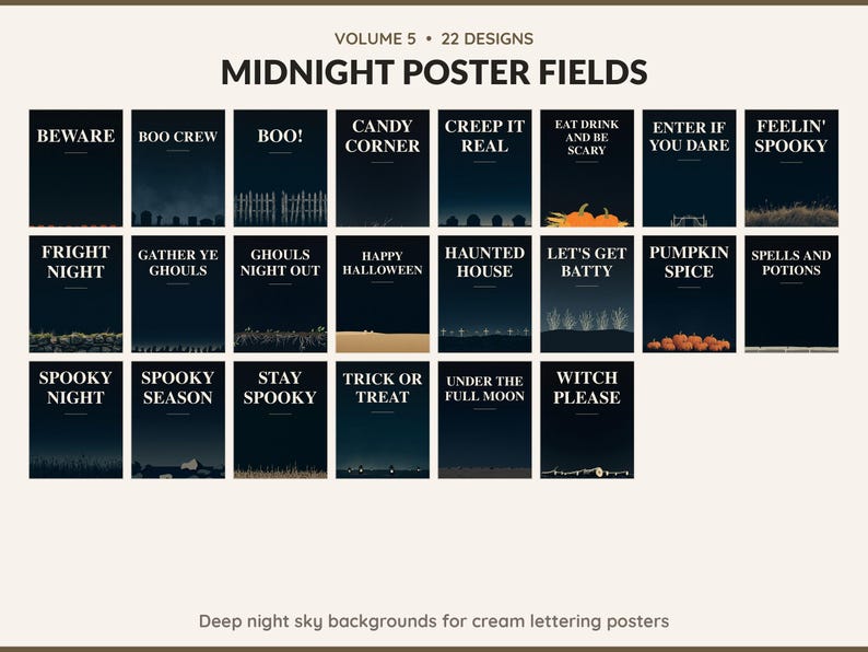 Volume 5 Midnight Poster Fields: 22 printable Halloween art designs, deep night sky backgrounds for cream lettering posters