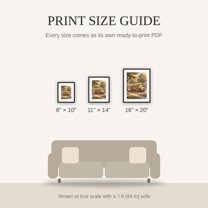Print size guide showing 8x10, 11x14, and 16x20 framed prints at true scale beside a sofa