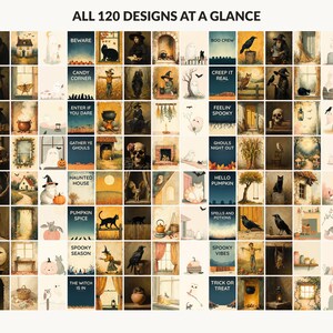All 120 Halloween printable designs in the bundle shown together on one contact sheet