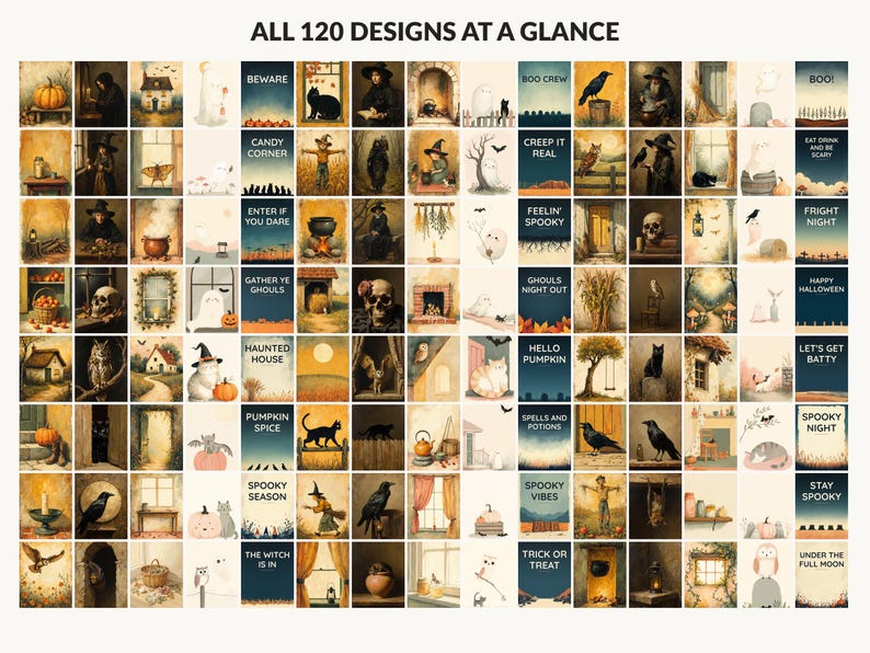 All 120 Halloween printable designs in the bundle shown together on one contact sheet
