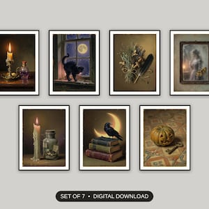 Set of 7 halloween bathroom art printable prints shown as a gallery wall