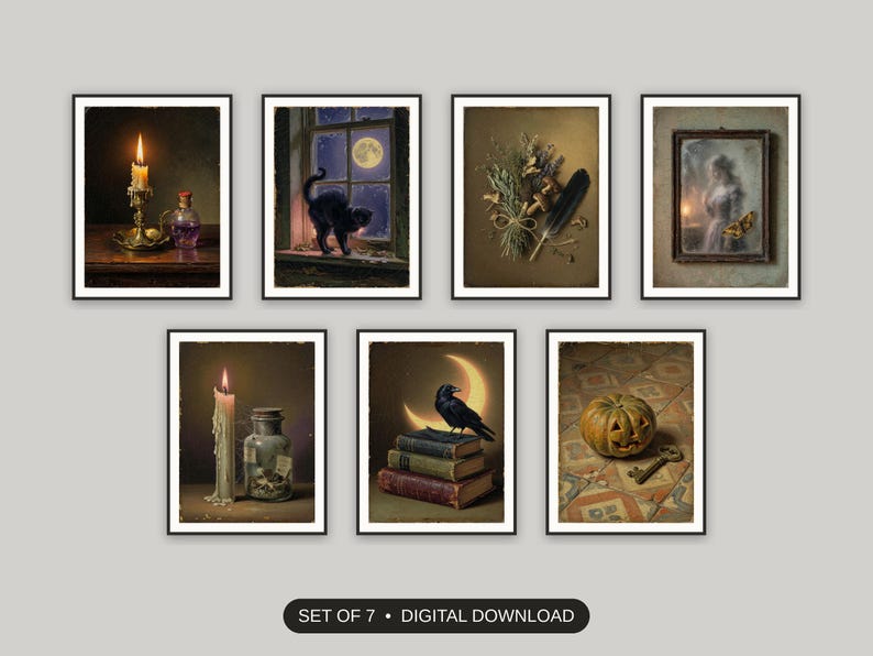 Set of 7 halloween bathroom art printable prints shown as a gallery wall