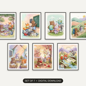 Set of 7 illustrated storybook classroom prints printable prints shown as a gallery wall