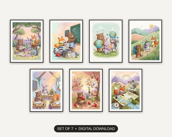 Classroom Wall Art Set of 7 | Storybook Animal Prints for Teachers | Back to School Digital Download