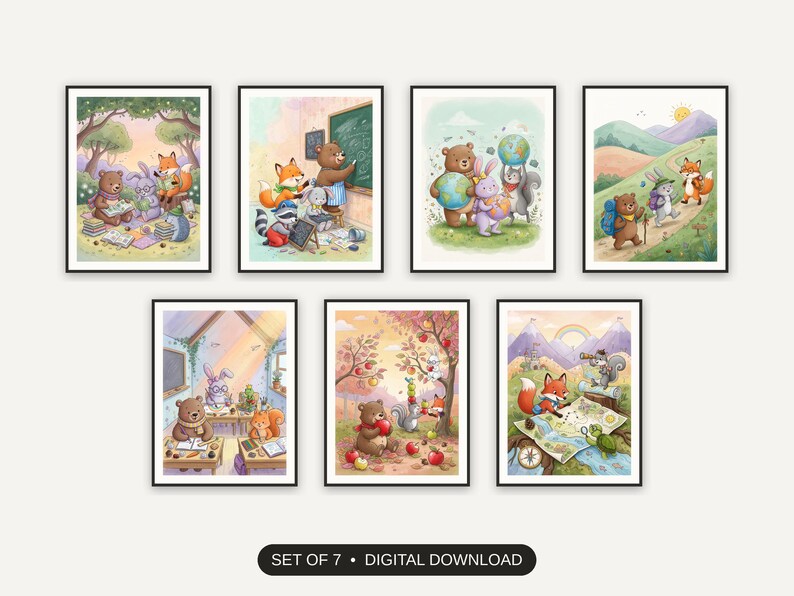 Set of 7 illustrated storybook classroom prints printable prints shown as a gallery wall