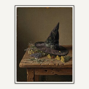 Vintage oil painting of witch hat with dried herbs on table