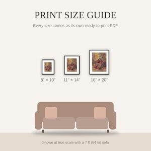 Print size guide showing 8x10, 11x14, and 16x20 framed prints at true scale beside a sofa