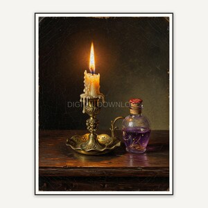 Vintage oil painting of candle and potion bottle in muted tones