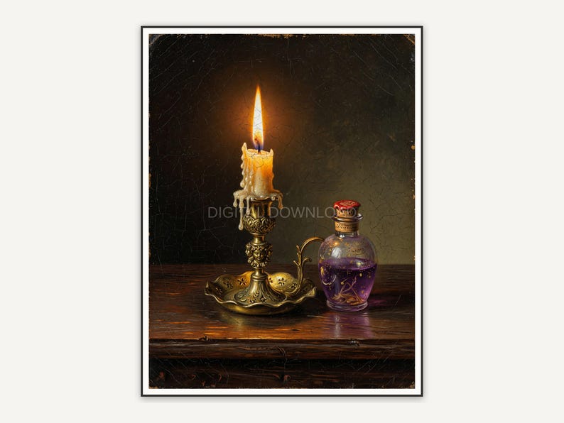 Vintage oil painting of candle and potion bottle in muted tones
