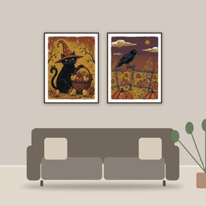 halloween print set printable art framed above a sofa in a styled living room