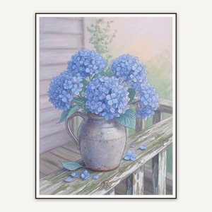 Blue hydrangeas in stoneware jug on porch