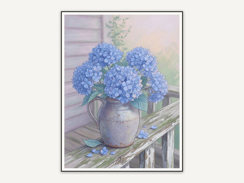 Blue hydrangeas in stoneware jug on porch