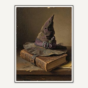 Cracked-varnish oil painting of a witch hat resting on an old leather book