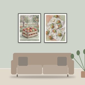autumn orchard still life printable art framed above a sofa in a styled living room