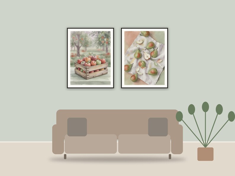 autumn orchard still life printable art framed above a sofa in a styled living room