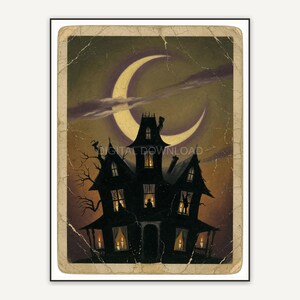 Vintage oil painting postcard of a haunted house at night