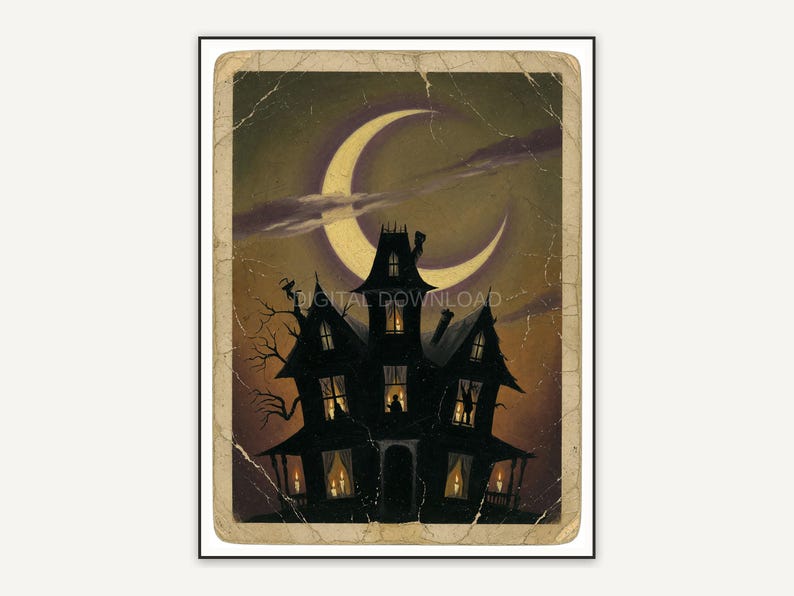 Vintage oil painting postcard of a haunted house at night