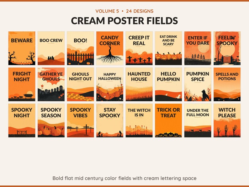 Volume 5 Cream Poster Fields: 24 printable Halloween art designs, bold flat mid century color fields with cream lettering space