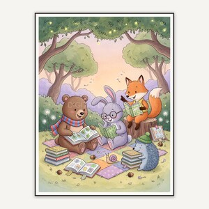 Friendly bear reading a book in soft watercolor storybook style