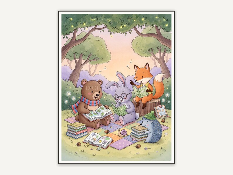 Friendly bear reading a book in soft watercolor storybook style