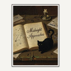 Vintage library table scene with Midnight Approaches quote and black cat